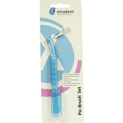 Ein blaues Interdentalbürsten-Set in einer Plastikverpackung.